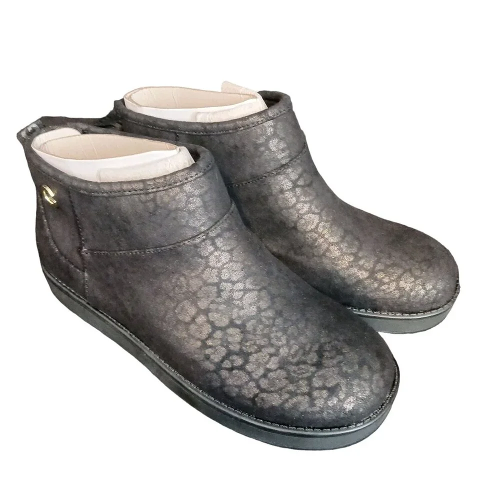 NEW GBG‎ Los Angeles Alena Faux Fur Slip-On Ankle Boots Black/Gold Size 6.5